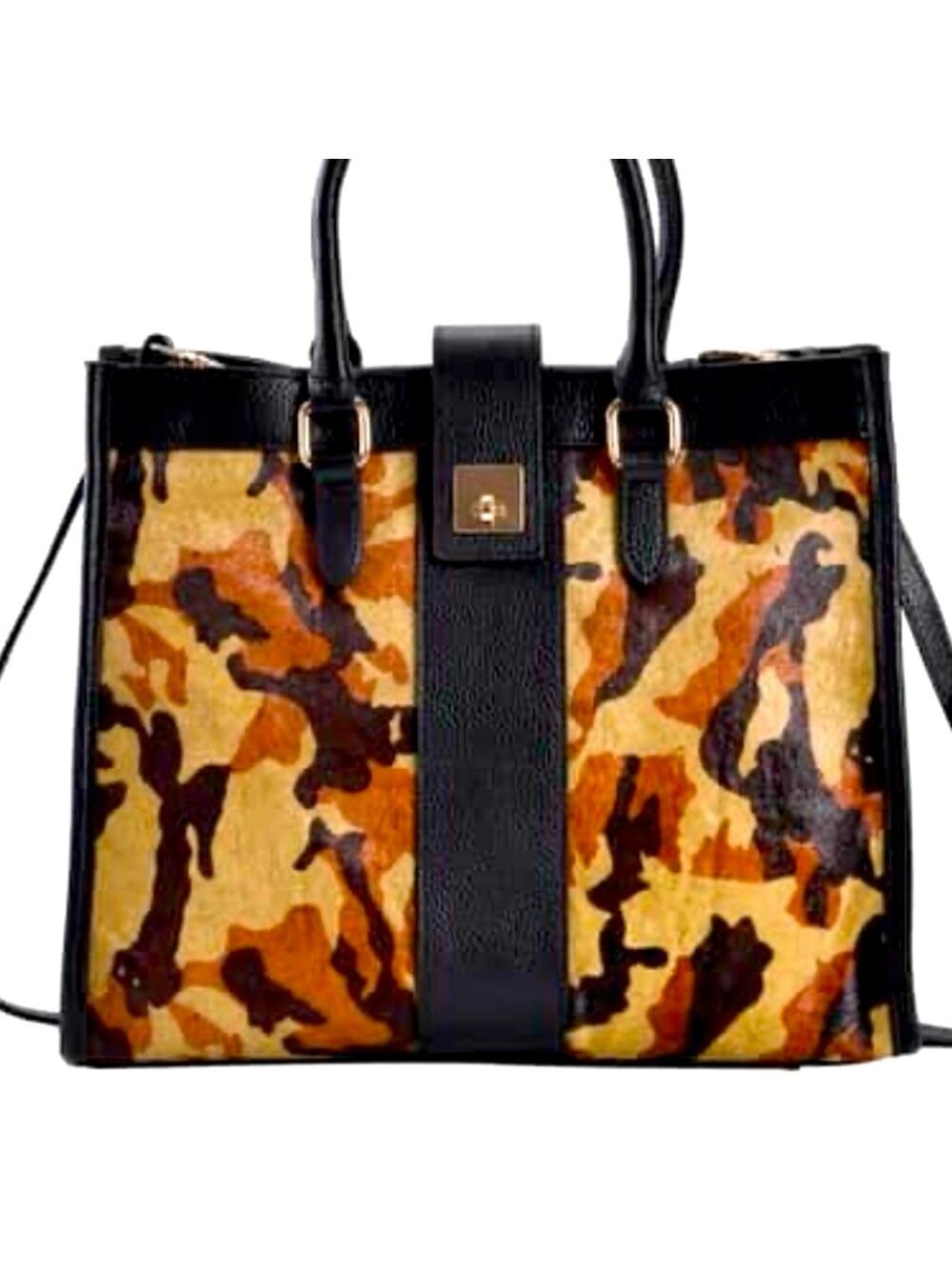 LA Marey Black & Brown Camo Print Cow Hair Genuine Leather Shoulder Bag